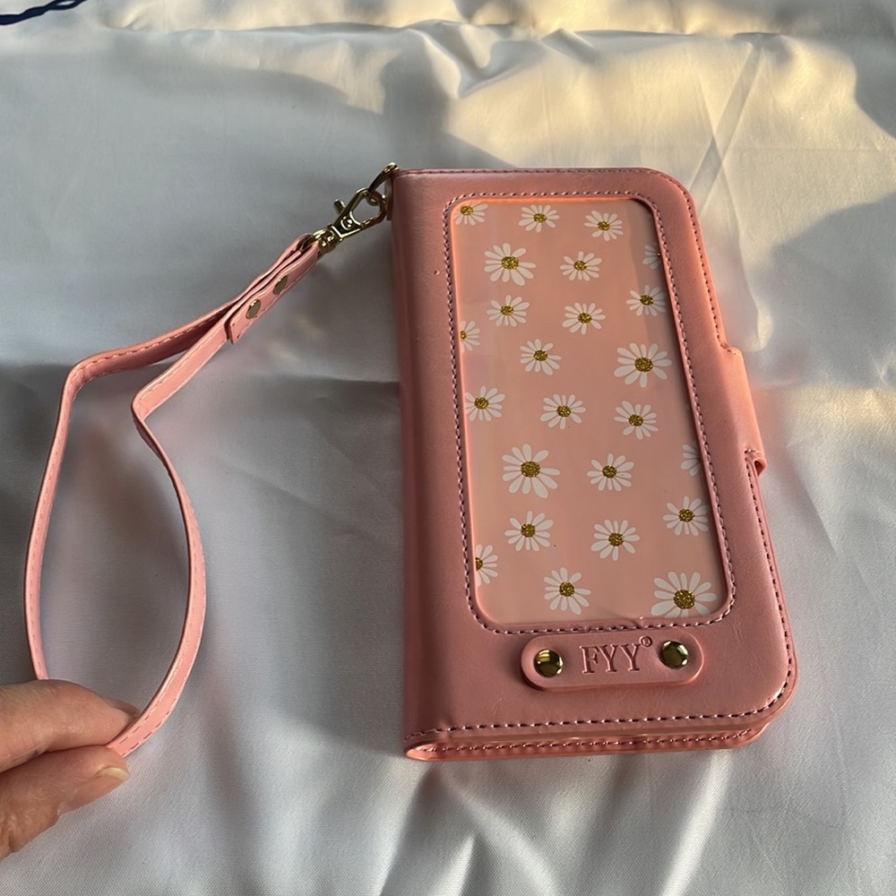 FYY Faux Leather iPhone 12 Pro Max pink daisy Wallet with wrist strap